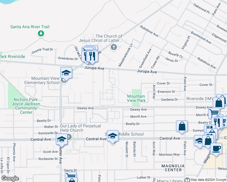 map of restaurants, bars, coffee shops, grocery stores, and more near 4946 Sawgrass Court in Riverside