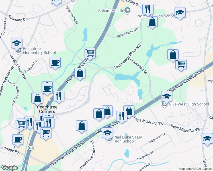 map of restaurants, bars, coffee shops, grocery stores, and more near 5749 Pine Oak Drive Northwest in Norcross