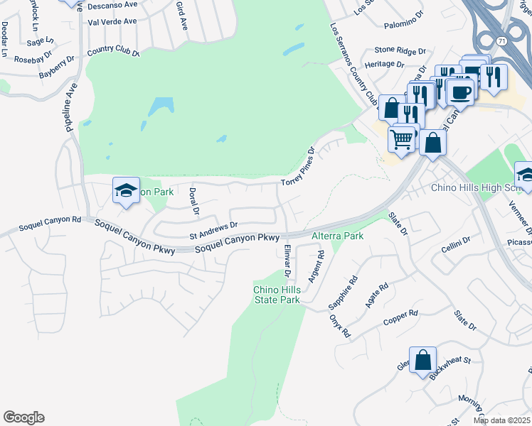 map of restaurants, bars, coffee shops, grocery stores, and more near 4599 Willowbend Court in Chino Hills