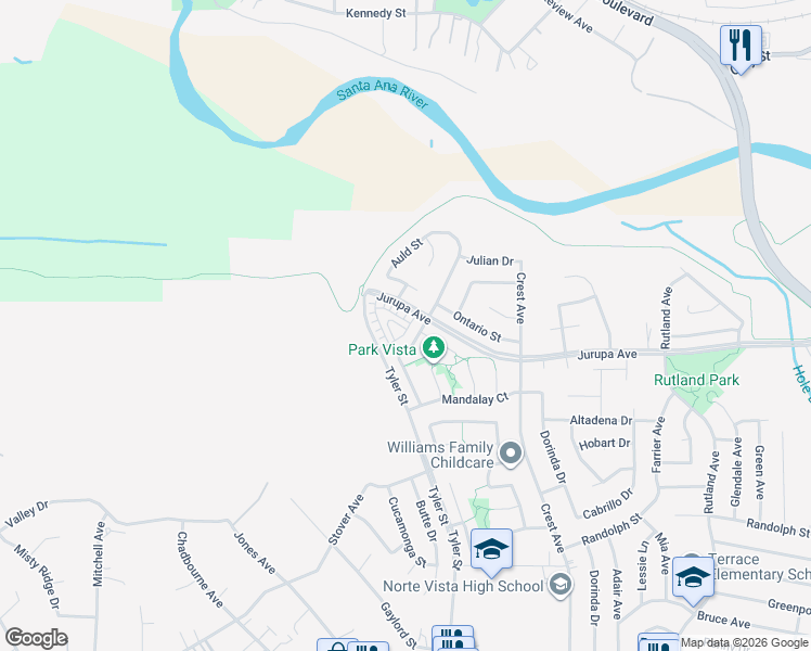 map of restaurants, bars, coffee shops, grocery stores, and more near 10201 Oxbow Loop in Riverside