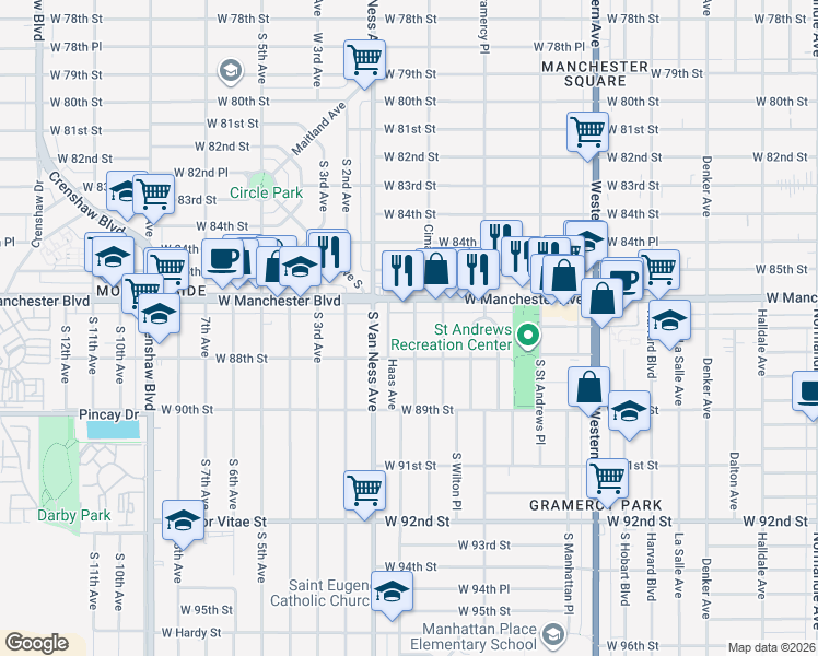 map of restaurants, bars, coffee shops, grocery stores, and more near 8629 Cimarron Street in Los Angeles