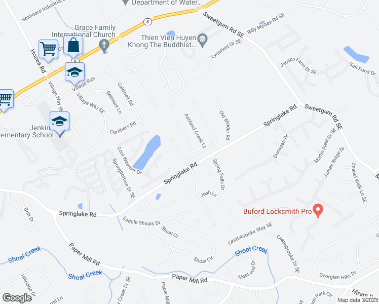 map of restaurants, bars, coffee shops, grocery stores, and more near 277 Ashland Park Court Southeast in Lawrenceville