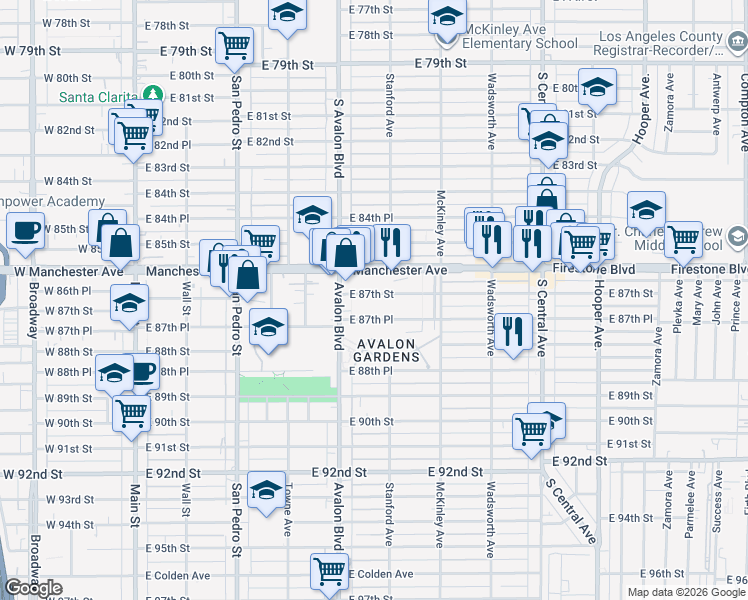 map of restaurants, bars, coffee shops, grocery stores, and more near 636 East 87th Street in Los Angeles