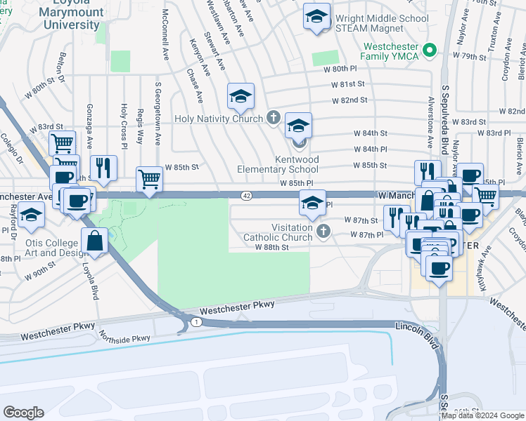 map of restaurants, bars, coffee shops, grocery stores, and more near 6712 West 86th Place in Los Angeles