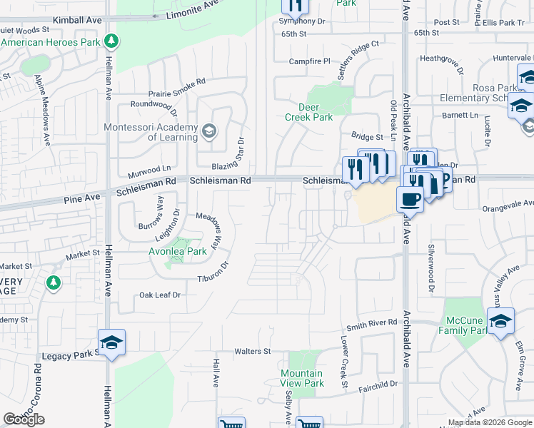 map of restaurants, bars, coffee shops, grocery stores, and more near 7069 Vernazza Place in Eastvale
