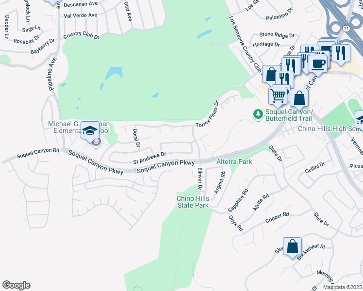 map of restaurants, bars, coffee shops, grocery stores, and more near 4583 Willowbend Court in Chino Hills