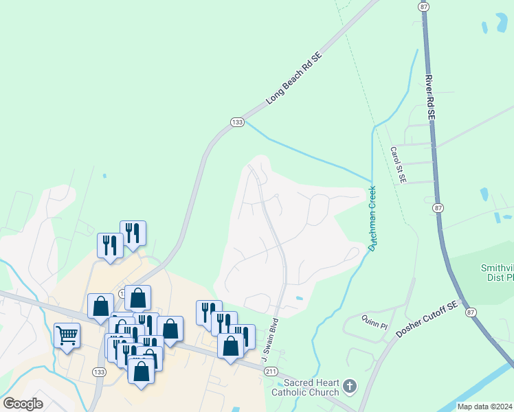 map of restaurants, bars, coffee shops, grocery stores, and more near 5038 Lagan Court in Southport