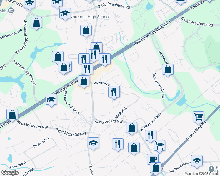map of restaurants, bars, coffee shops, grocery stores, and more near 5395 Fontenoy Court in Norcross