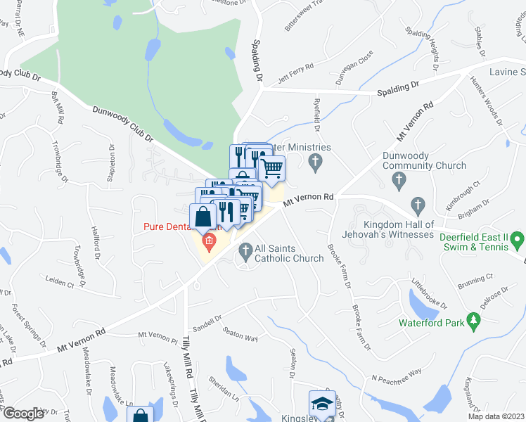 map of restaurants, bars, coffee shops, grocery stores, and more near 2472 Jett Ferry Road in Dunwoody