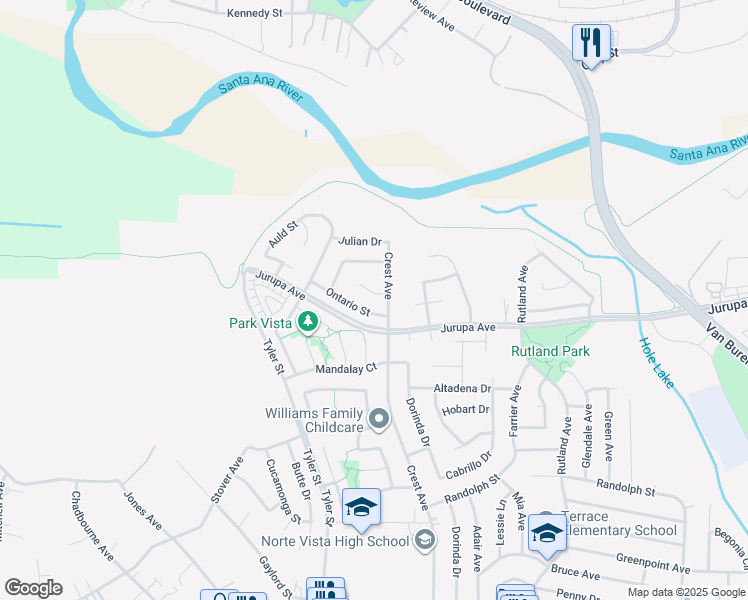 map of restaurants, bars, coffee shops, grocery stores, and more near 10030 Ontario Street in Riverside