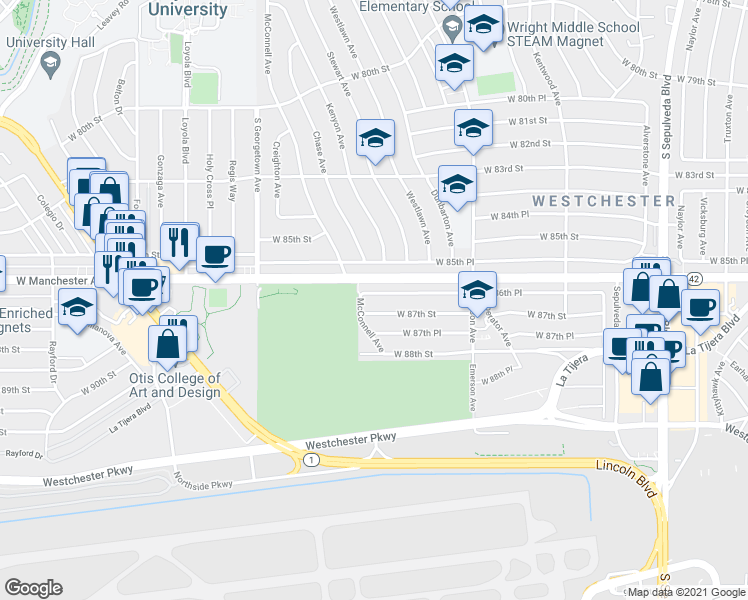 map of restaurants, bars, coffee shops, grocery stores, and more near 6754 West 86th Place in Los Angeles