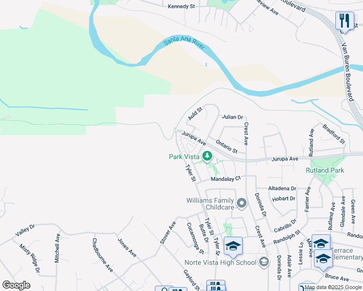 map of restaurants, bars, coffee shops, grocery stores, and more near 10284 Surge Lane in Riverside