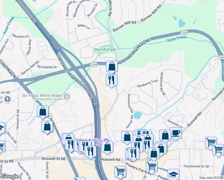 map of restaurants, bars, coffee shops, grocery stores, and more near 327 Wallace Road in Marietta