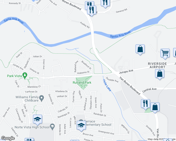 map of restaurants, bars, coffee shops, grocery stores, and more near 8843 Alabama Street in Riverside