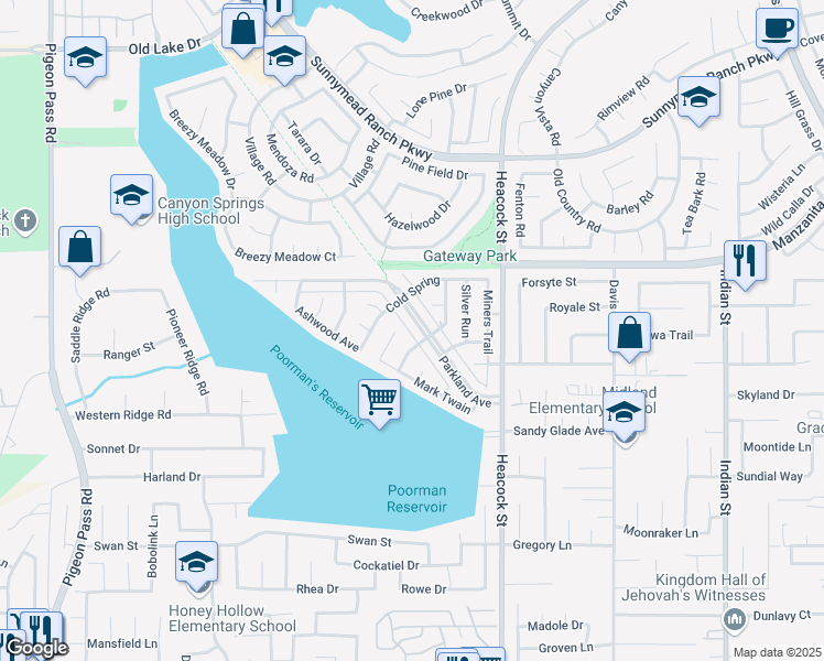 map of restaurants, bars, coffee shops, grocery stores, and more near 23809 Parkland Avenue in Moreno Valley
