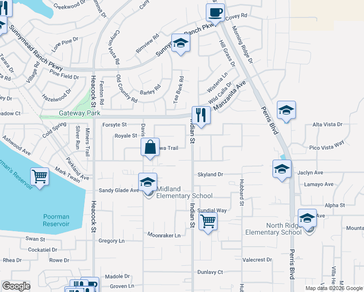 map of restaurants, bars, coffee shops, grocery stores, and more near 24464 Chippewa Trail in Moreno Valley