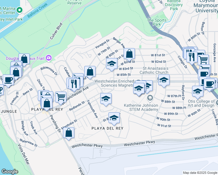 map of restaurants, bars, coffee shops, grocery stores, and more near 7819 Talbert Street in Playa Del Rey