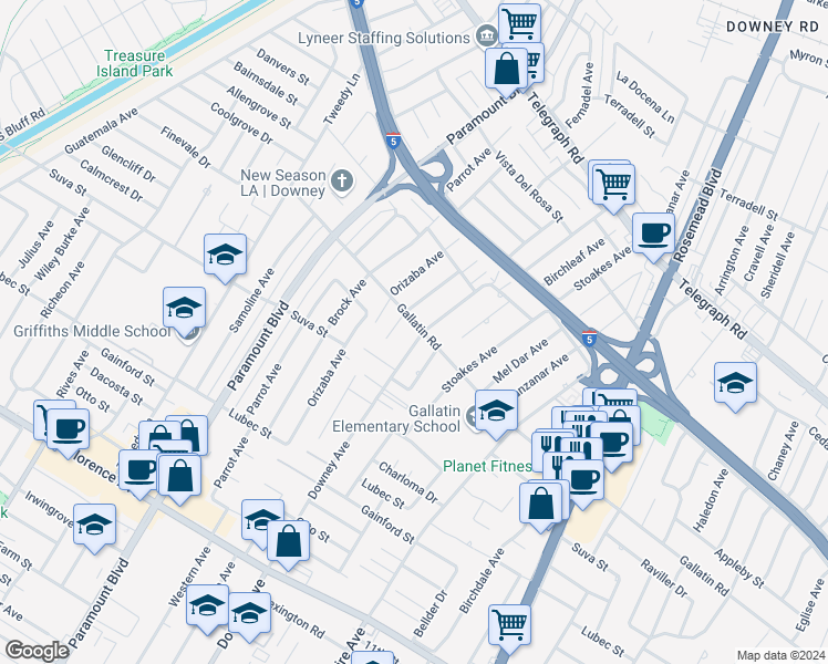 map of restaurants, bars, coffee shops, grocery stores, and more near 9305 Downey Avenue in Downey