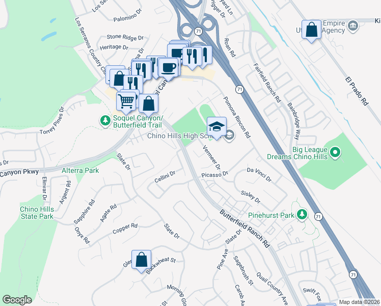 map of restaurants, bars, coffee shops, grocery stores, and more near 5227 Monet Court in Chino Hills