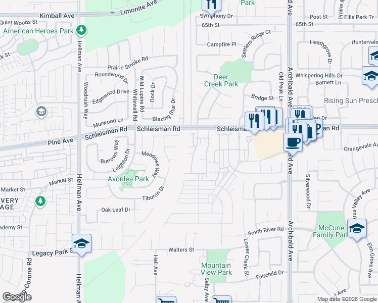 map of restaurants, bars, coffee shops, grocery stores, and more near 7072 Vernazza Place in Eastvale