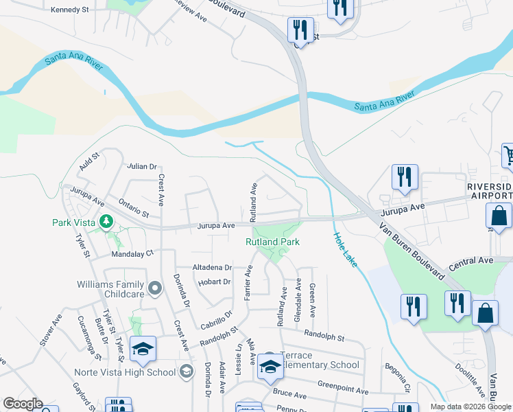 map of restaurants, bars, coffee shops, grocery stores, and more near 8956 Alabama Street in Riverside