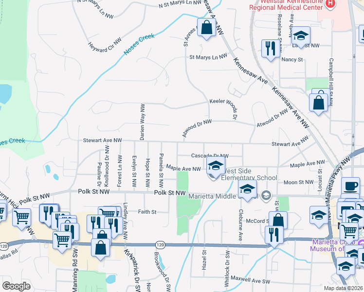 map of restaurants, bars, coffee shops, grocery stores, and more near 445 Stewart Avenue Northwest in Marietta
