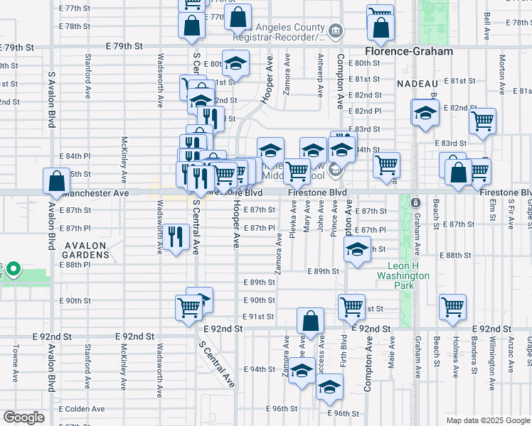 map of restaurants, bars, coffee shops, grocery stores, and more near 1243 East 87th Place in Los Angeles