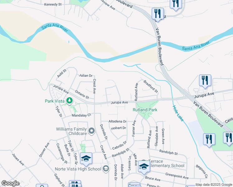 map of restaurants, bars, coffee shops, grocery stores, and more near 7135 Dimaggio Street in Riverside