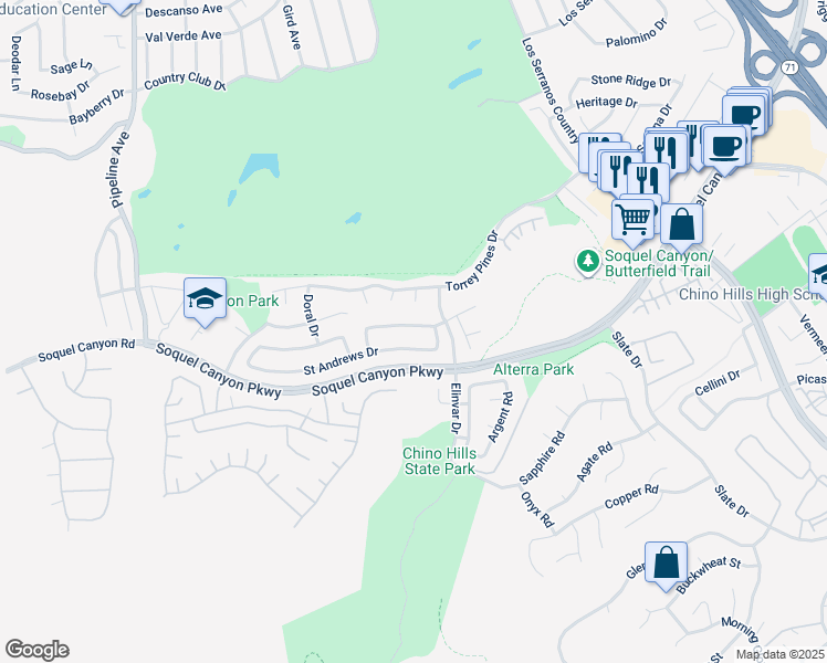 map of restaurants, bars, coffee shops, grocery stores, and more near 4583 Willowbend Court in Chino Hills