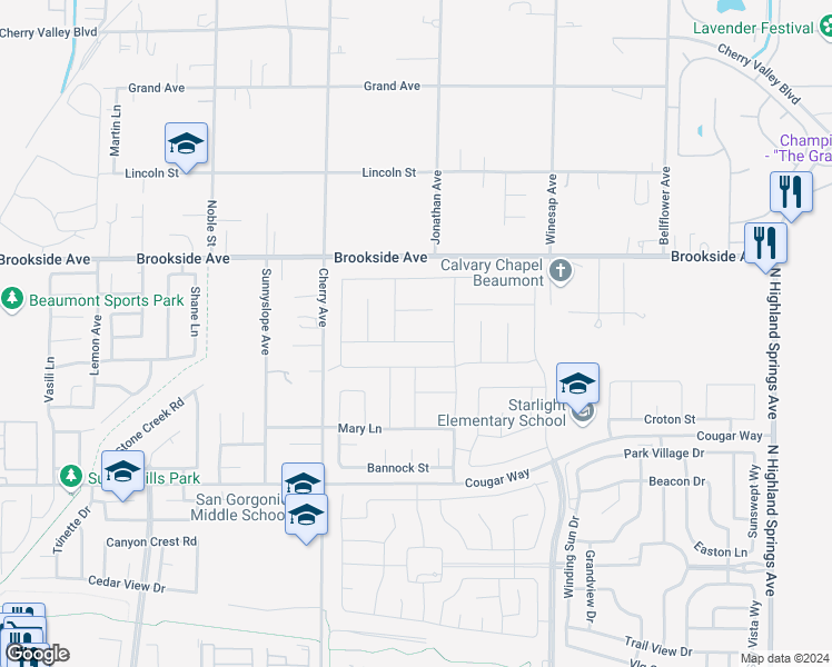 map of restaurants, bars, coffee shops, grocery stores, and more near 1366 Alpine Avenue in Beaumont