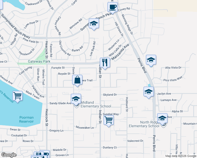 map of restaurants, bars, coffee shops, grocery stores, and more near 24491 Chippewa Trail in Moreno Valley