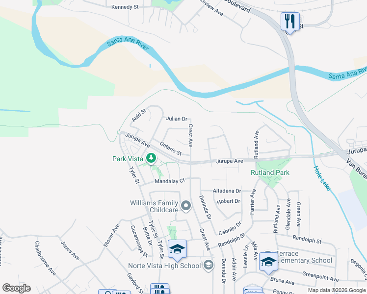 map of restaurants, bars, coffee shops, grocery stores, and more near 10030 Ontario Street in Riverside