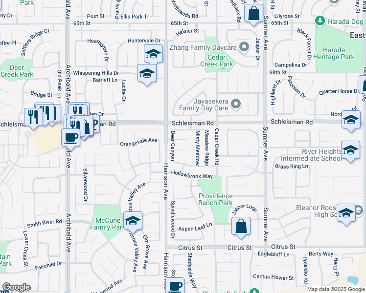 map of restaurants, bars, coffee shops, grocery stores, and more near 7128 Deer Canyon in Corona