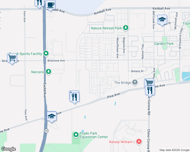 map of restaurants, bars, coffee shops, grocery stores, and more near 16287 Sandpiper Avenue in Chino