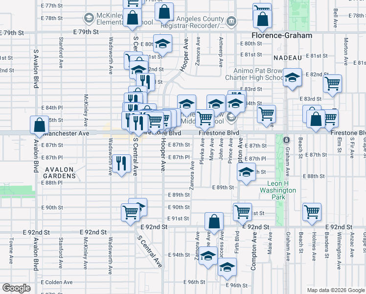 map of restaurants, bars, coffee shops, grocery stores, and more near 1243 East 87th Place in Los Angeles