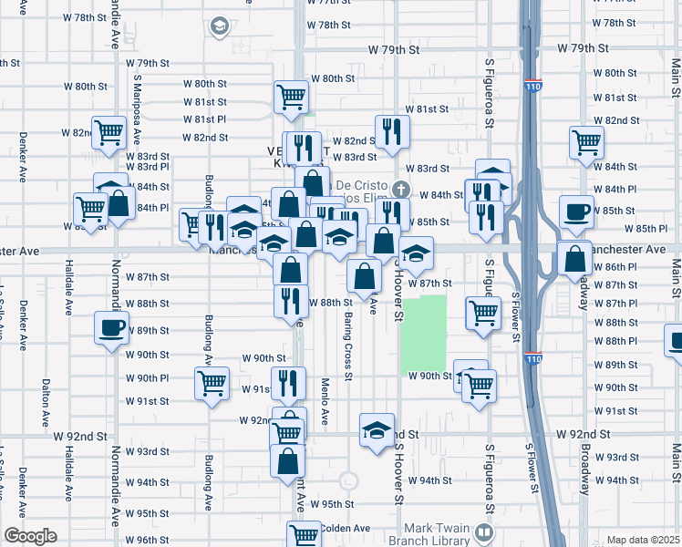 map of restaurants, bars, coffee shops, grocery stores, and more near 8710 Menlo Avenue in Los Angeles