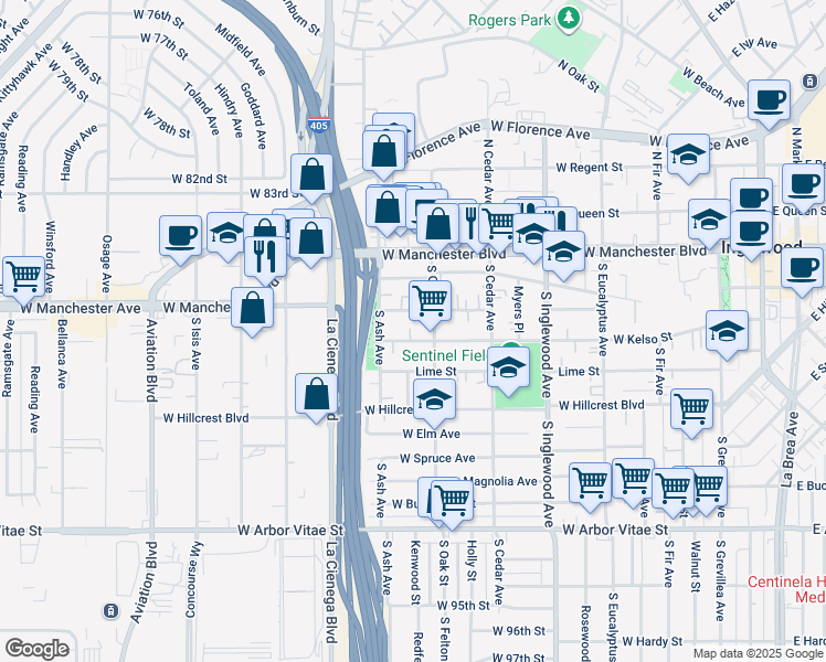 map of restaurants, bars, coffee shops, grocery stores, and more near 407 South Oak Street in Inglewood