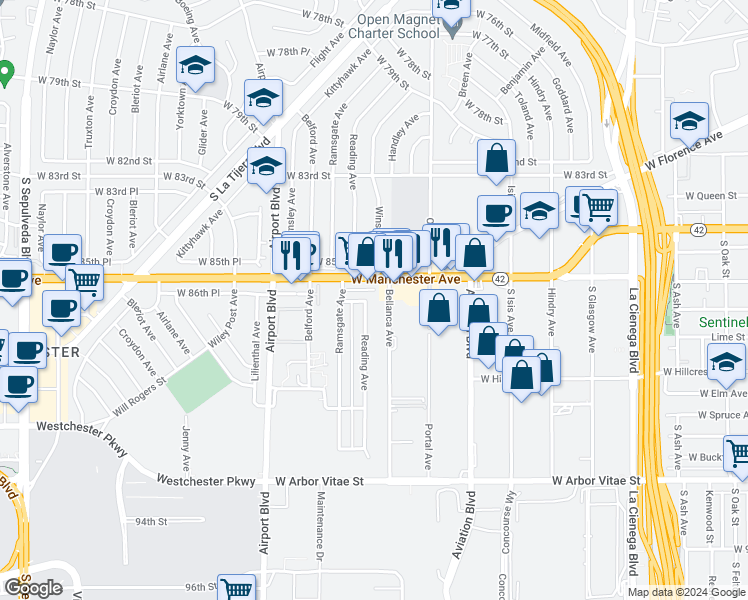map of restaurants, bars, coffee shops, grocery stores, and more near 8754 Reading Avenue in Los Angeles