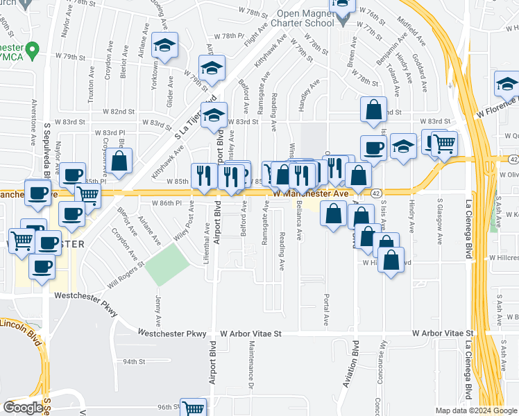 map of restaurants, bars, coffee shops, grocery stores, and more near 8715 Ramsgate Avenue in Los Angeles