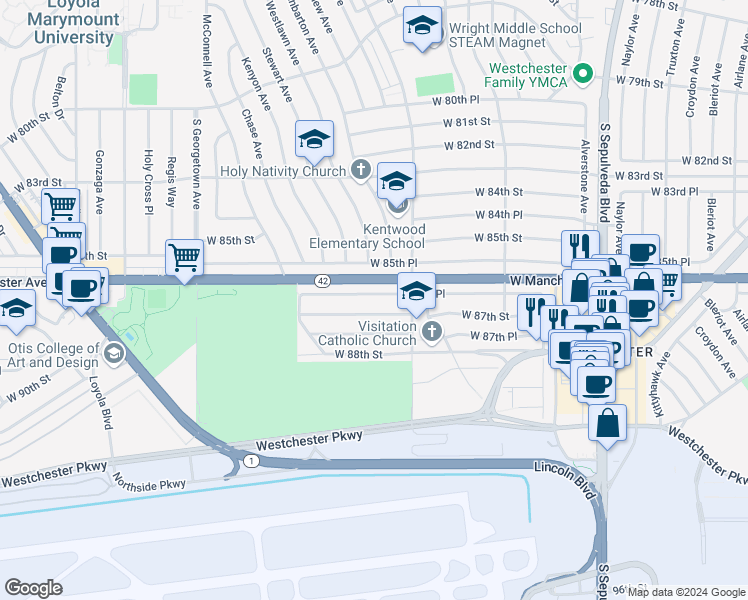 map of restaurants, bars, coffee shops, grocery stores, and more near 6628 West 87th Street in Los Angeles