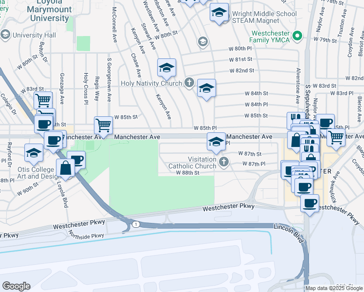 map of restaurants, bars, coffee shops, grocery stores, and more near 6706 West 87th Street in Los Angeles