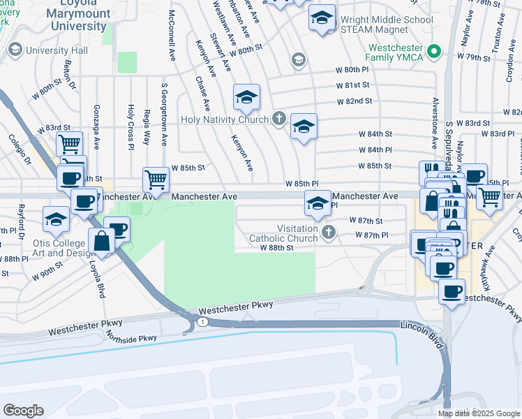 map of restaurants, bars, coffee shops, grocery stores, and more near 6706 West 87th Street in Los Angeles