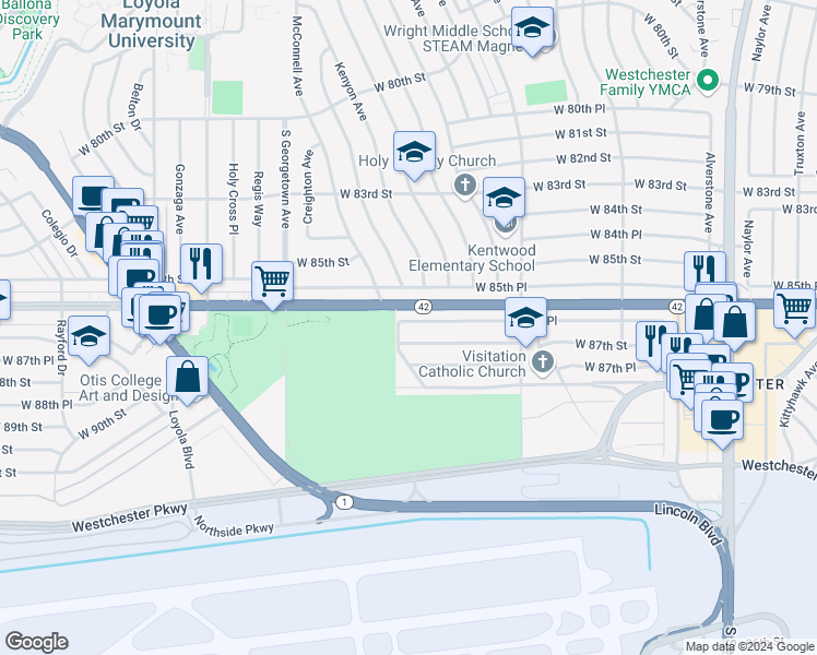 map of restaurants, bars, coffee shops, grocery stores, and more near 6748 West 87th Street in Los Angeles