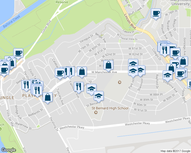 map of restaurants, bars, coffee shops, grocery stores, and more near 7740 Redlands Street in Los Angeles