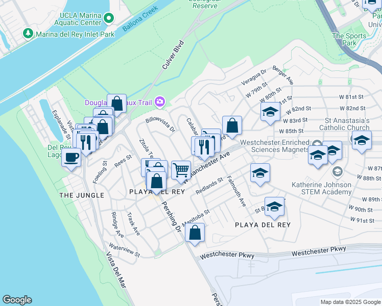 map of restaurants, bars, coffee shops, grocery stores, and more near 8365 Tuscany Avenue in Los Angeles