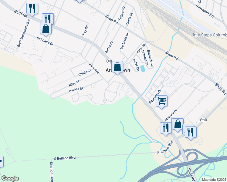 map of restaurants, bars, coffee shops, grocery stores, and more near 1935 Bluff Road in Columbia