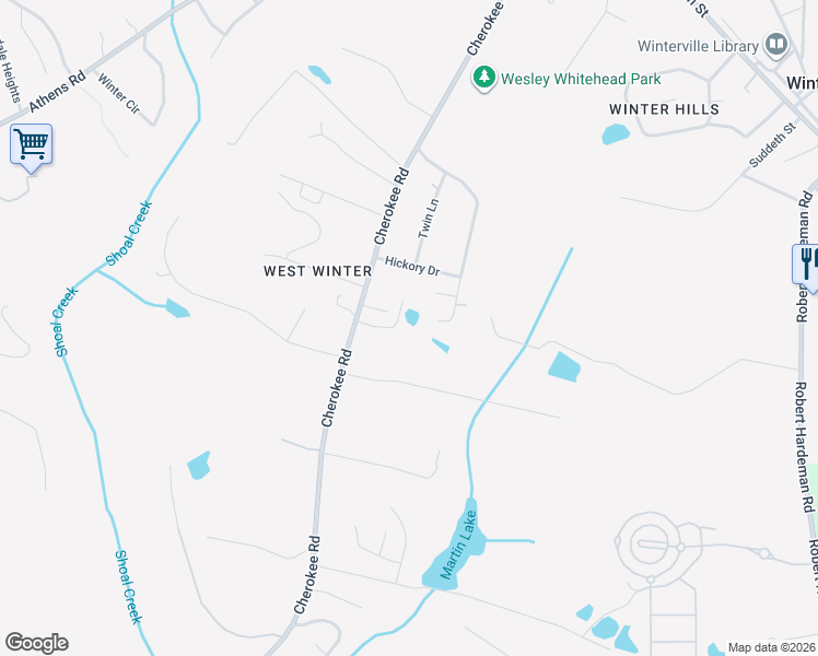 map of restaurants, bars, coffee shops, grocery stores, and more near 1145 Cherokee Road in Winterville