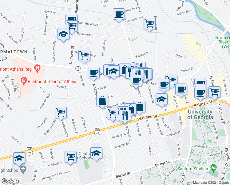 map of restaurants, bars, coffee shops, grocery stores, and more near 360 North Church Street in Athens