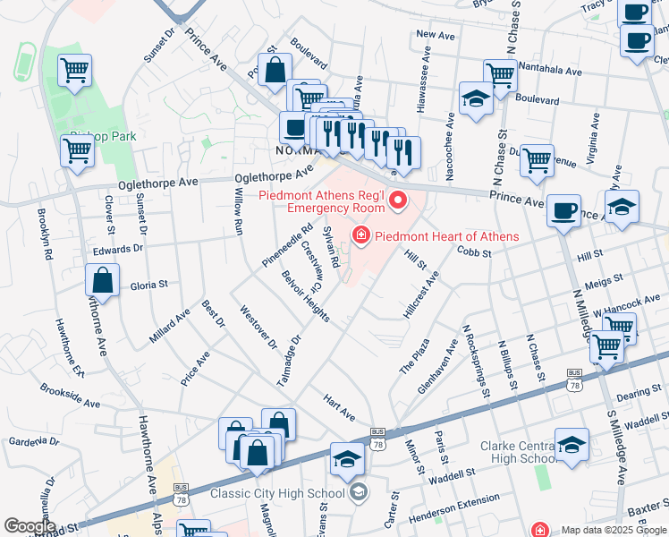 map of restaurants, bars, coffee shops, grocery stores, and more near 110 Crestview Circle in Athens