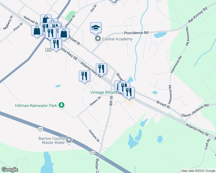 map of restaurants, bars, coffee shops, grocery stores, and more near 257 Abbott Road in Statham